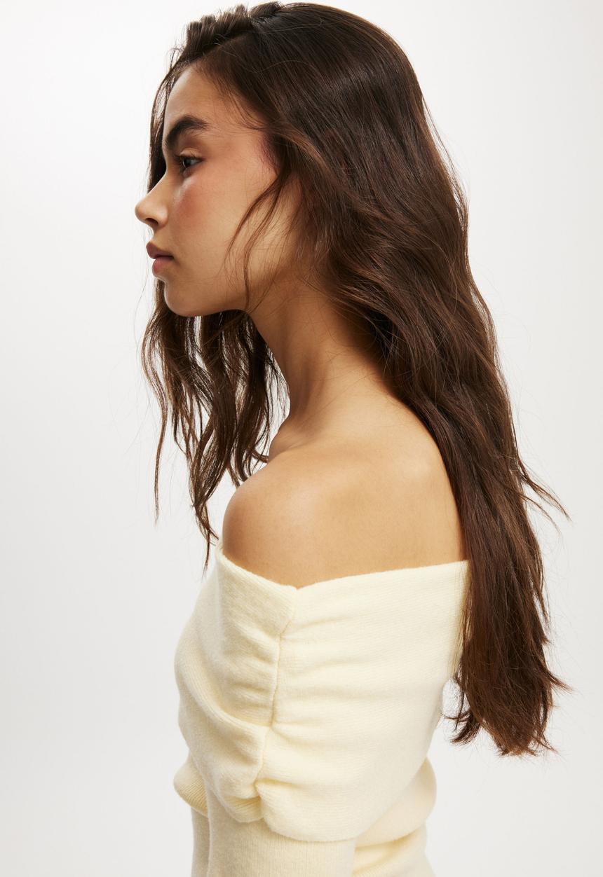 Cotton On - Everfine Gather Off Shoulder Mini Dress - Lemon Icing
