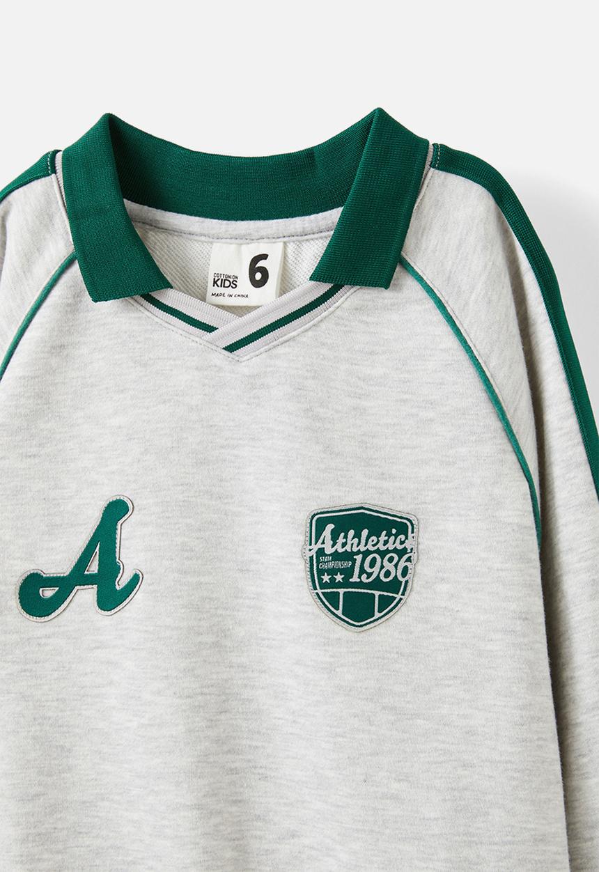 Cotton On - Polo collar fleece top - grey marle w/ varsity green trim