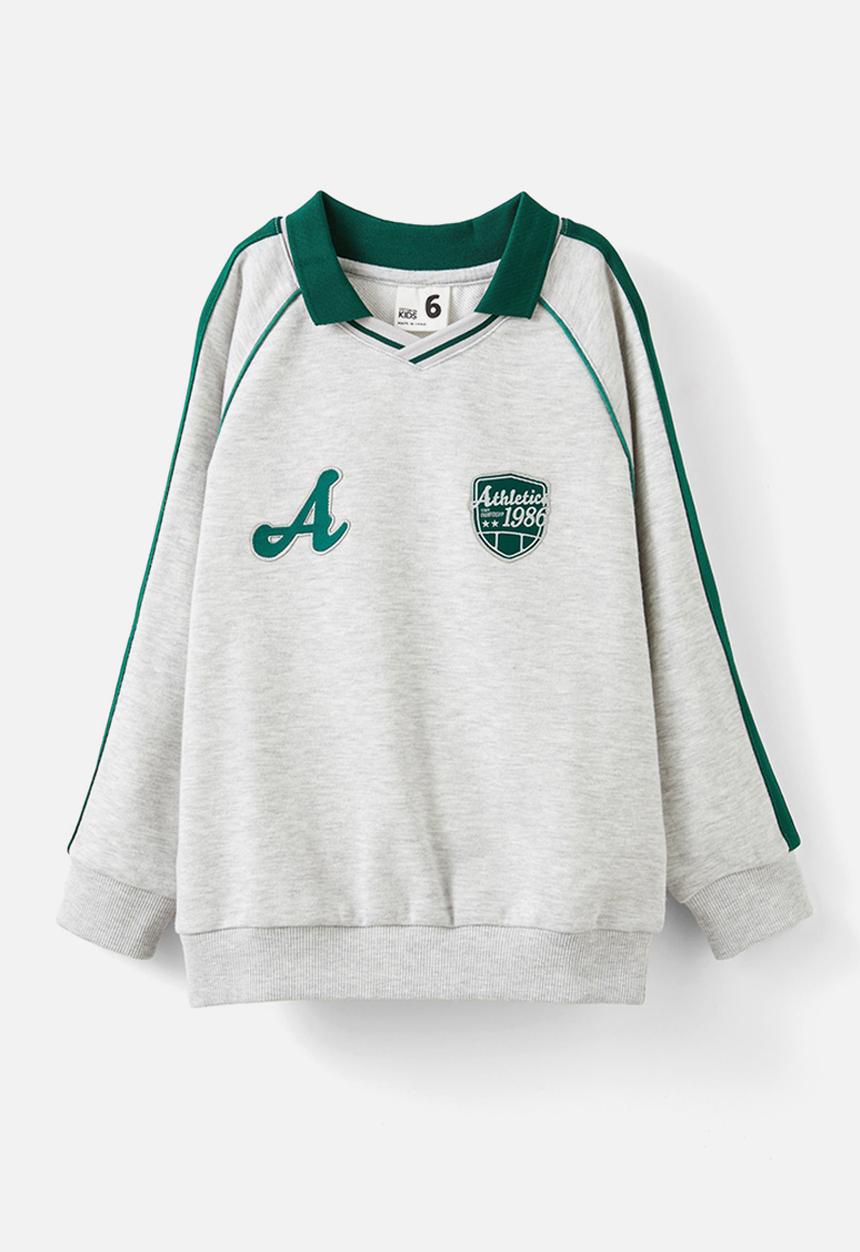 Cotton On - Polo collar fleece top - grey marle w/ varsity green trim