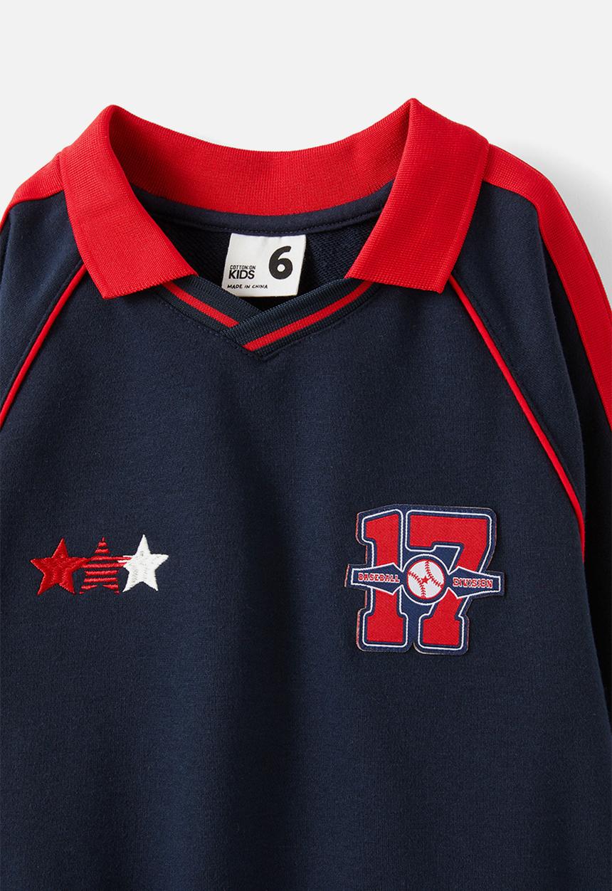 Cotton On - Polo collar fleece top - squid ink w/ varsity red trim