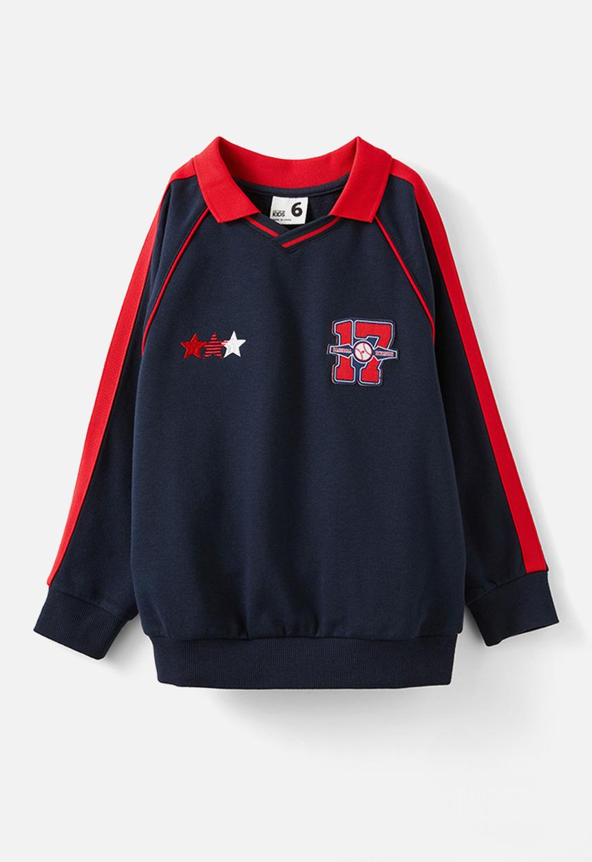 Cotton On - Polo collar fleece top - squid ink w/ varsity red trim