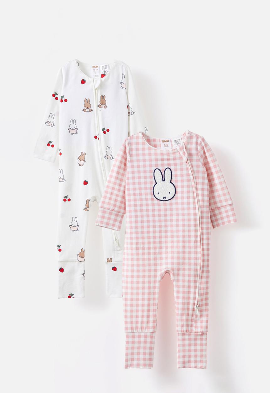 Cotton On - 2 pack long sleeve zip romper lcn  - side zipper - lcn mif zephyr gingham & vanilla berries