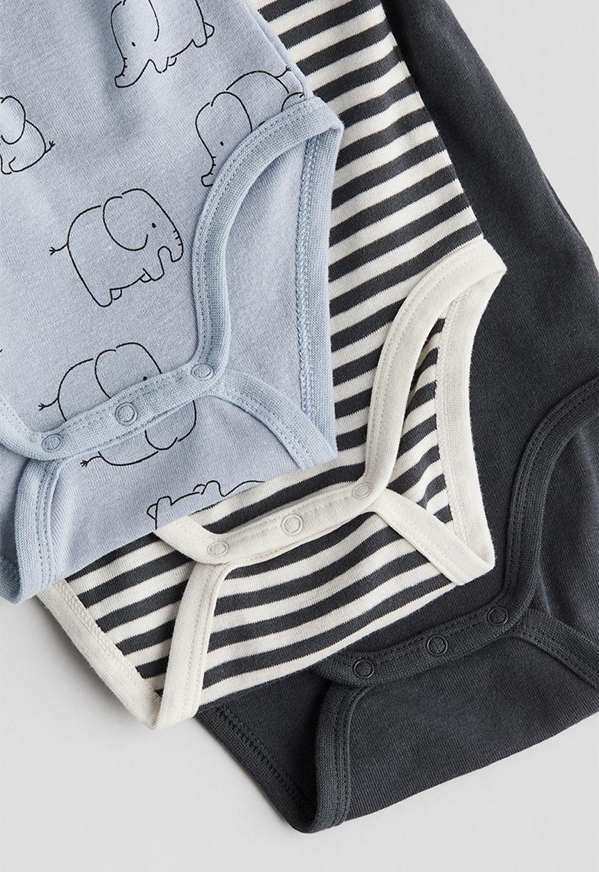 H&M - 3-Pack long-sleeved bodysuits - light blue elephants