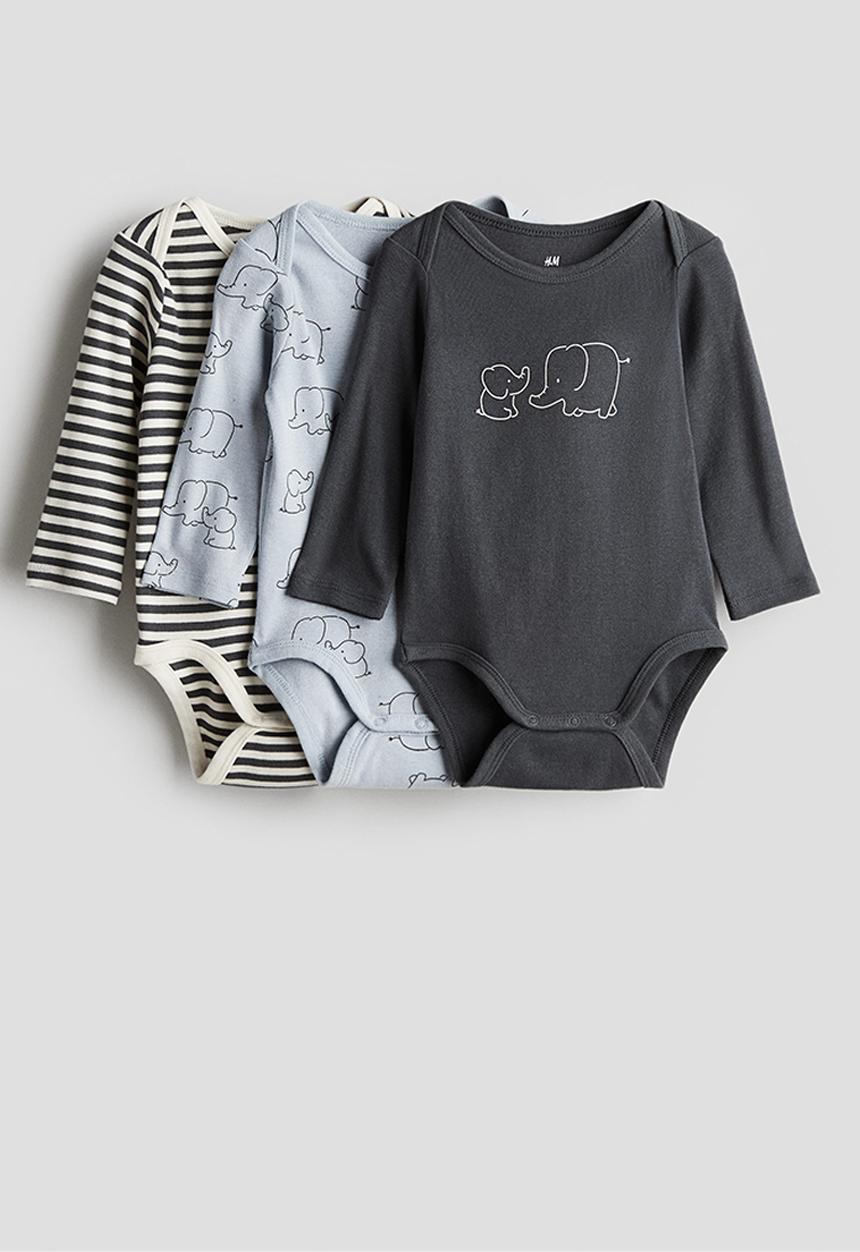H&M - 3-Pack long-sleeved bodysuits - light blue elephants