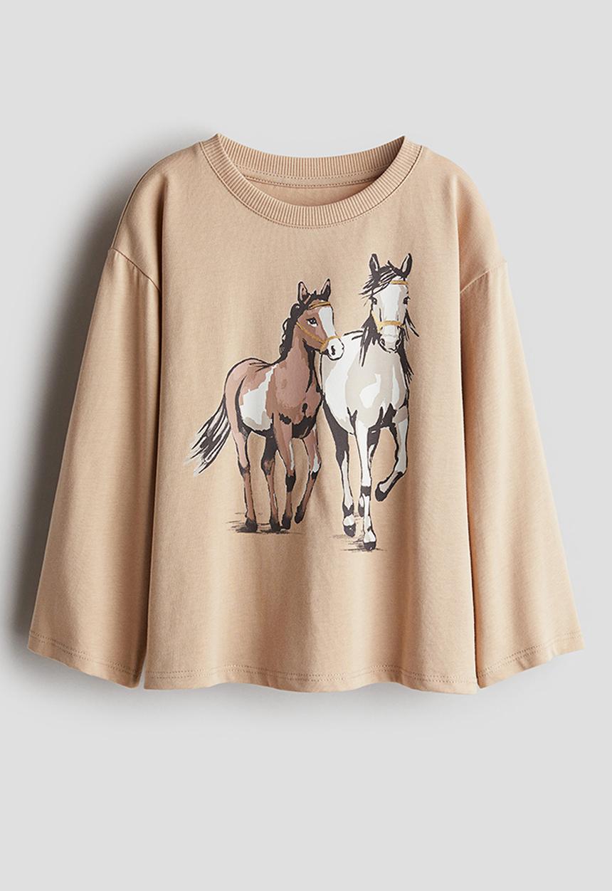 H&M - Printed cotton top - beige horses