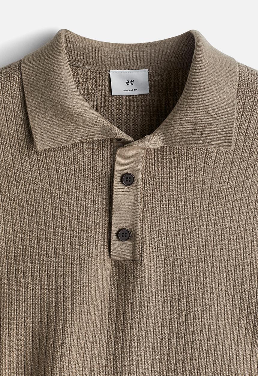 H&M - Regular fit textured-knit polo shirt - greige