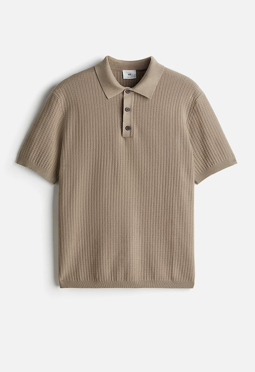 H&M - Regular fit textured-knit polo shirt - greige