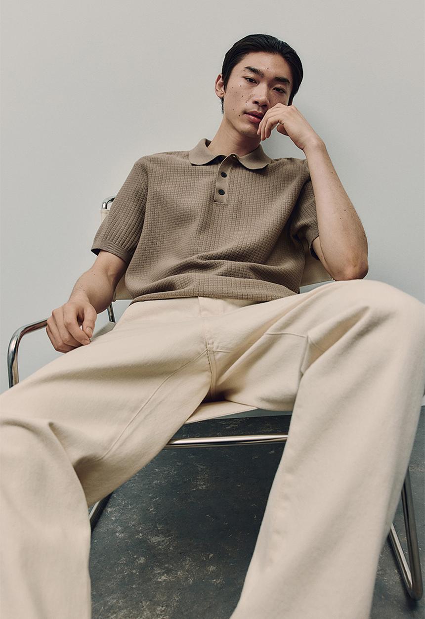 H&M - Regular fit textured-knit polo shirt - greige