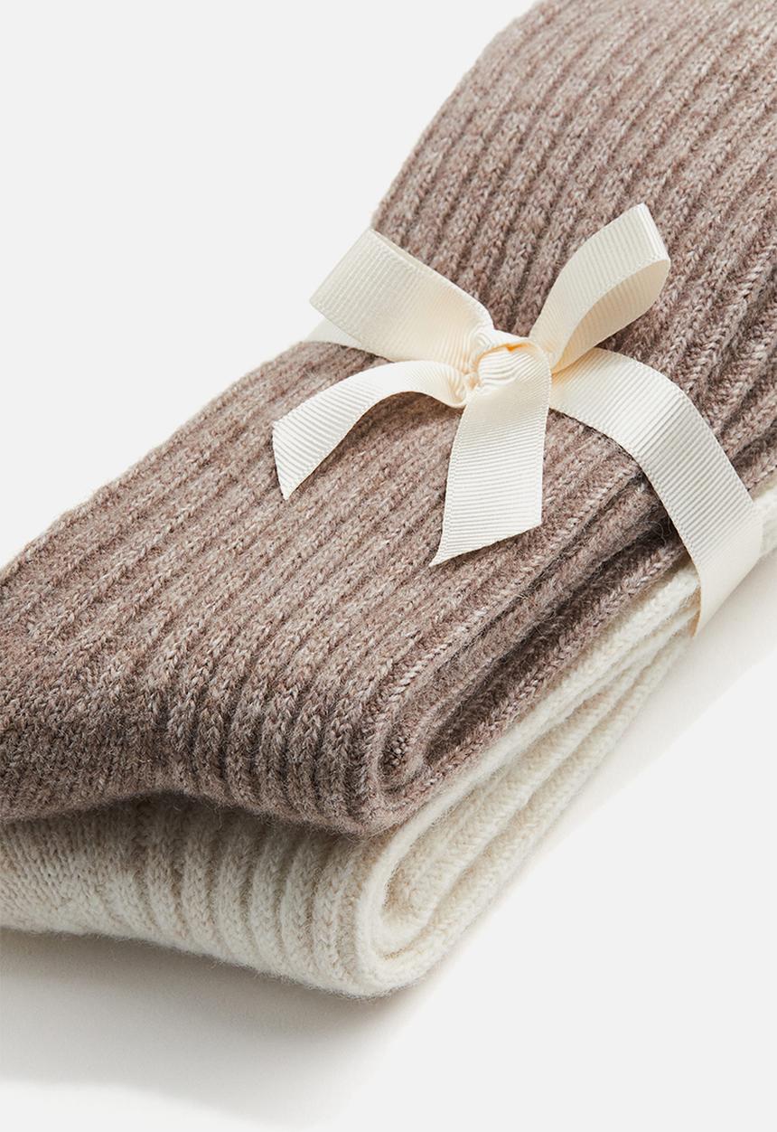 H&M - 2-Pack wool-blend socks - dark beige marl/light beige