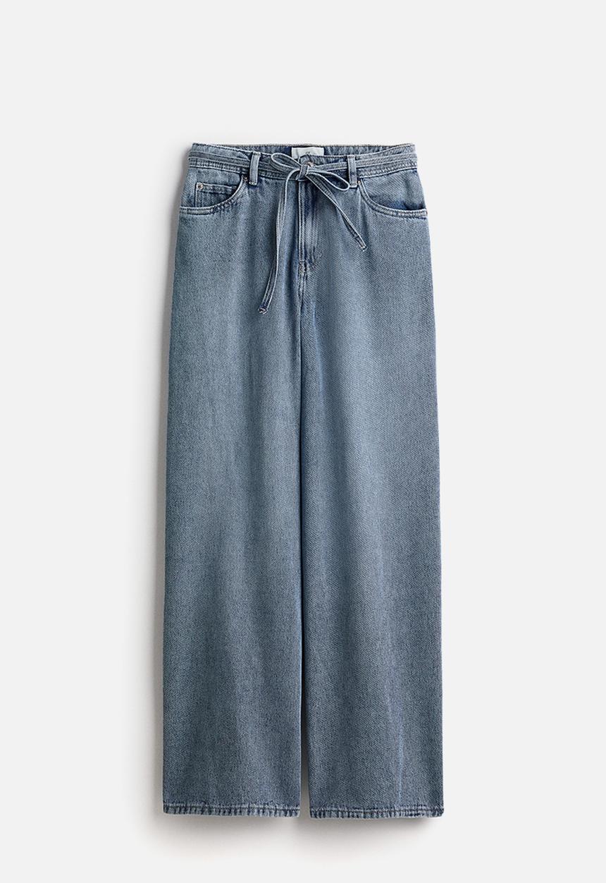 H&M - Wide tie-belt jeans - light denim blue