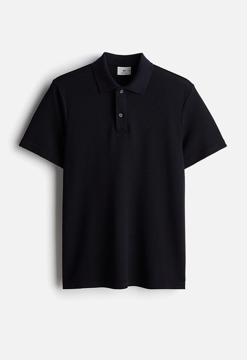 H&M - Regular fit textured-knit polo shirt - navy blue 