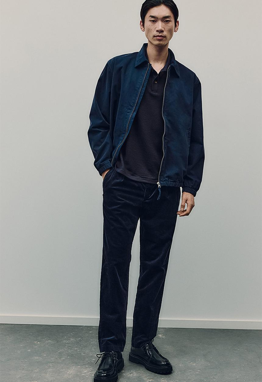 H&M - Regular fit textured-knit polo shirt - navy blue 