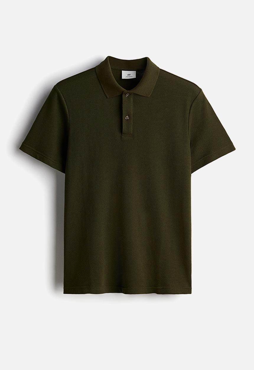 H&M - Regular fit textured-knit polo shirt - dark green 