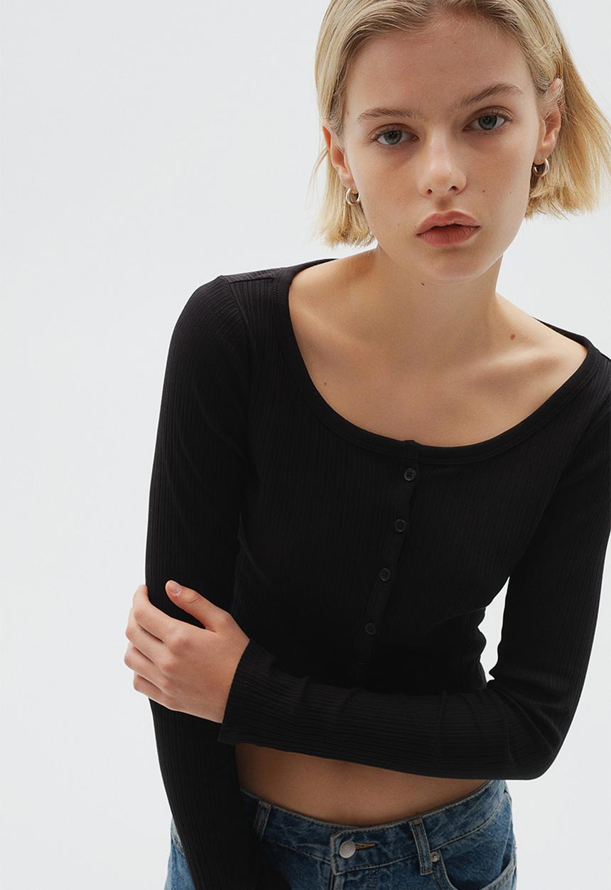 H&M - Ribbed button-front top - black