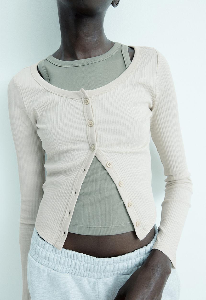トップス yilon RIB ENSEMBLE BUTTON TOPS BEIGE Ribbed button-front top - light beige - 1234738002