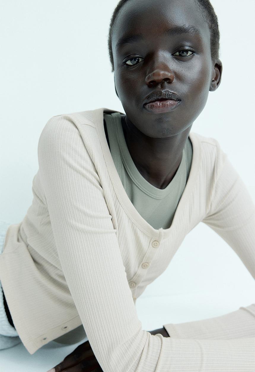 H&M - Ribbed button-front top - beige