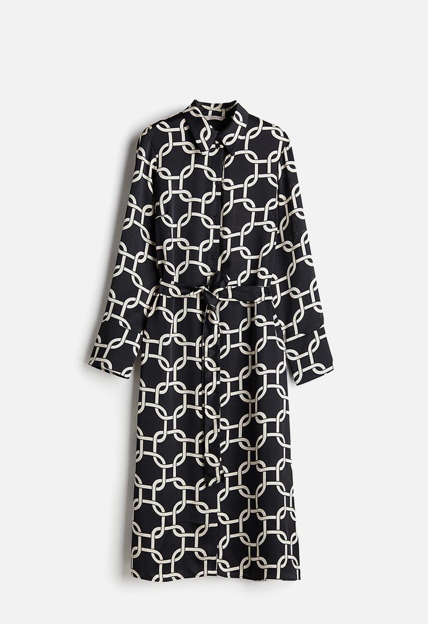 H&M - Tie-belt shirt dress - black patterned