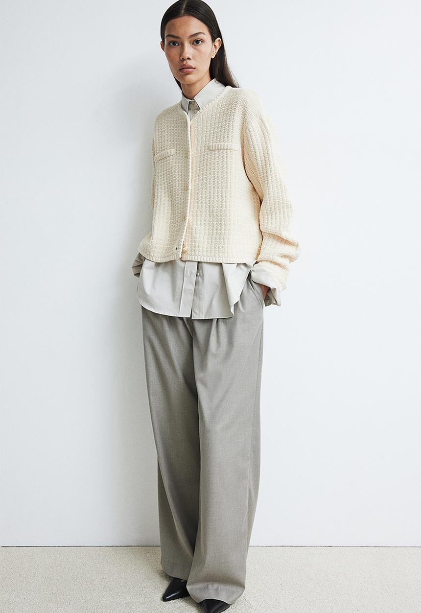 H&M - Short textured-knit cardigan - beige,white