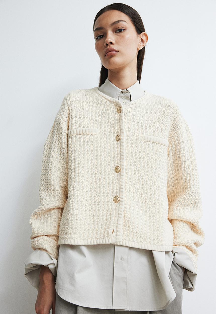 H&M - Short textured-knit cardigan - beige,white