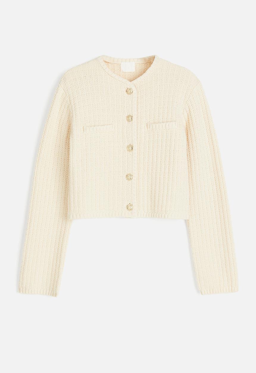H&M - Short textured-knit cardigan - beige,white