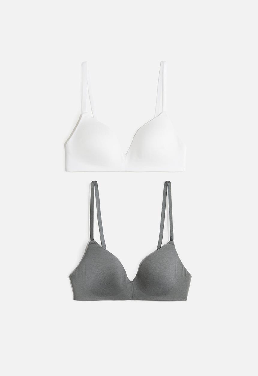 H&M - 2-Pack padded non-wired cotton bras - green & white