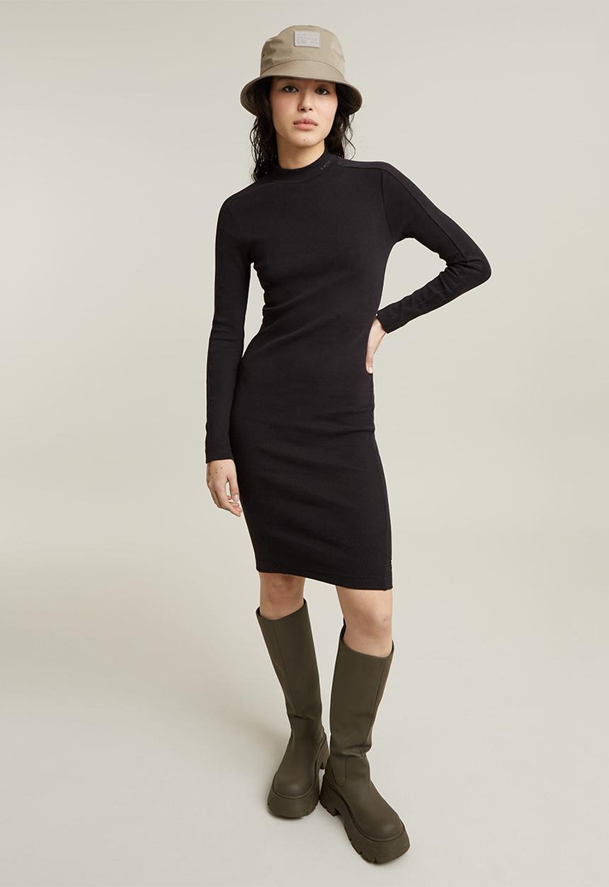 G-STAR - Ergonomic Slim Rib Dress L\S Wmn - Dk Black