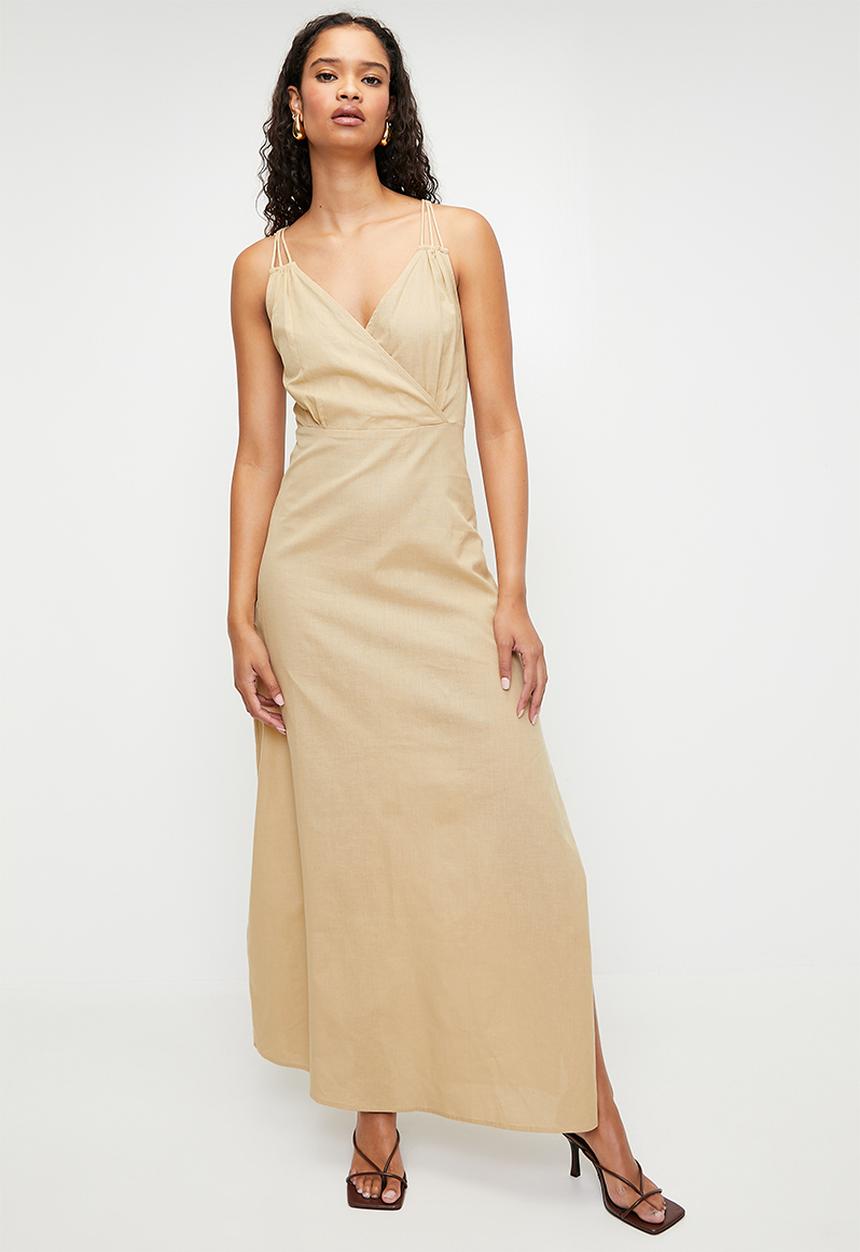 boohoo - Ring detail linen look maxi dress - stone