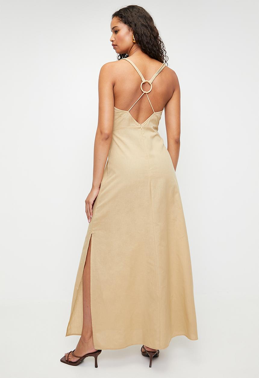 boohoo - Ring detail linen look maxi dress - stone