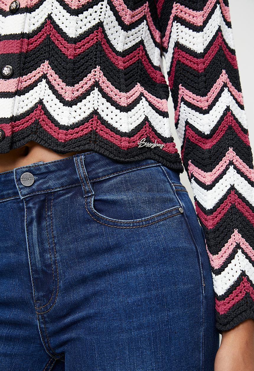 SISSY BOY - HENNEYSEY: Open-Work Zigzag Knit Collared Top - Multi