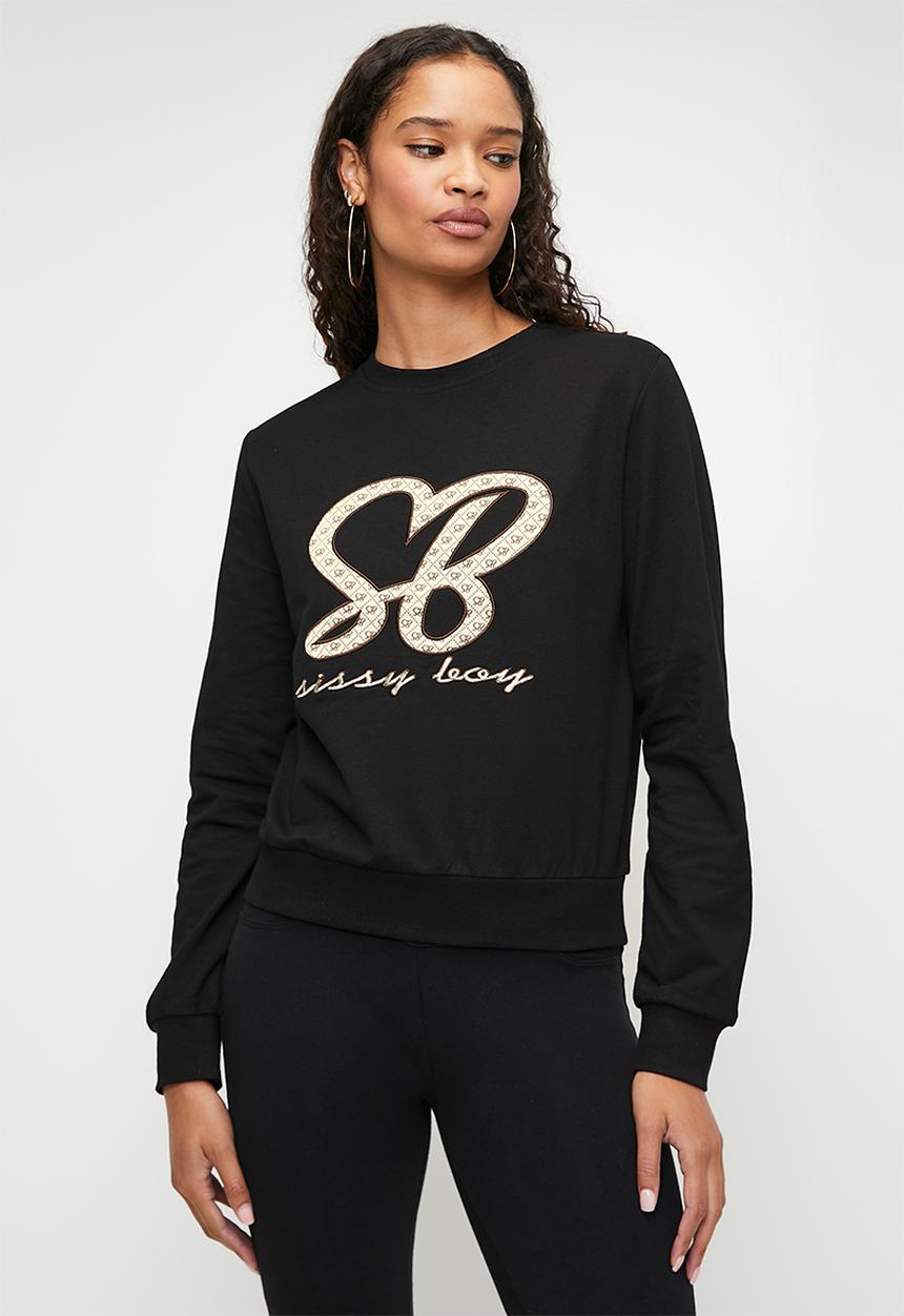 SISSY BOY - LAETITIA: Satin Embroidered Applique Logo Sweat Top - Black