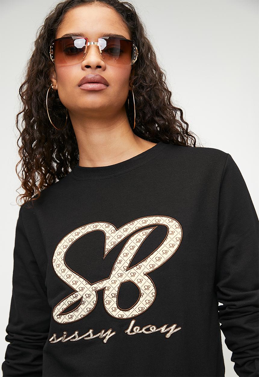SISSY BOY - LAETITIA: Satin Embroidered Applique Logo Sweat Top - Black