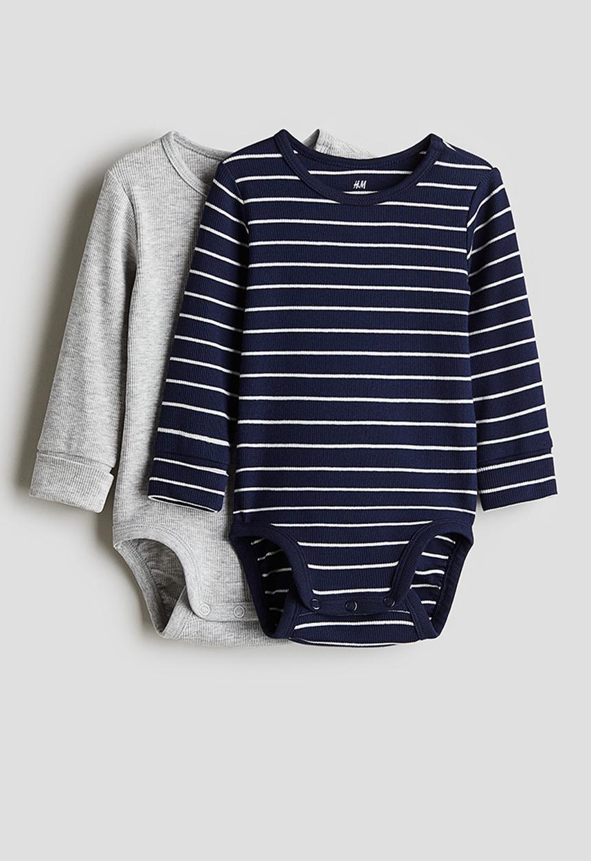 H&M - 2-Pack long-sleeved bodysuits - navy blue & striped