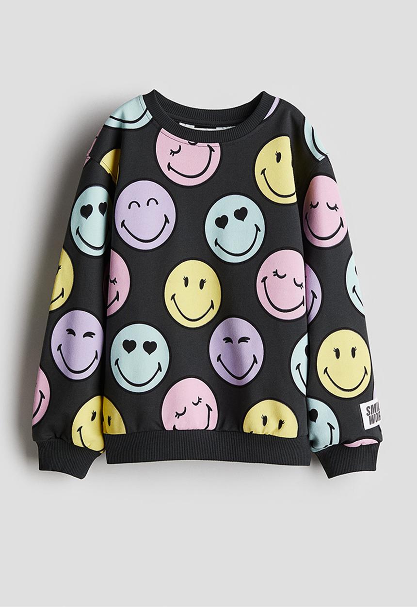 H&M - Printed sweatshirt - dark grey & emoji