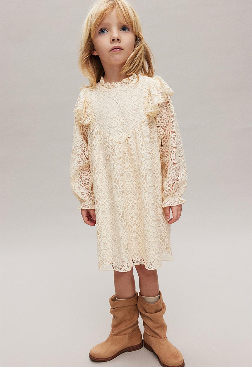 H&M - Frill-trimmed lace dress - light beige 