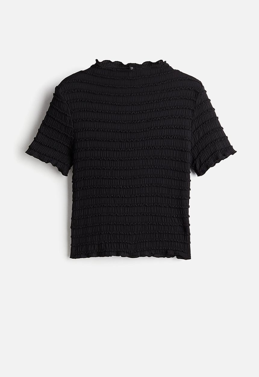 H&M - Overlock-detail smocked top - black