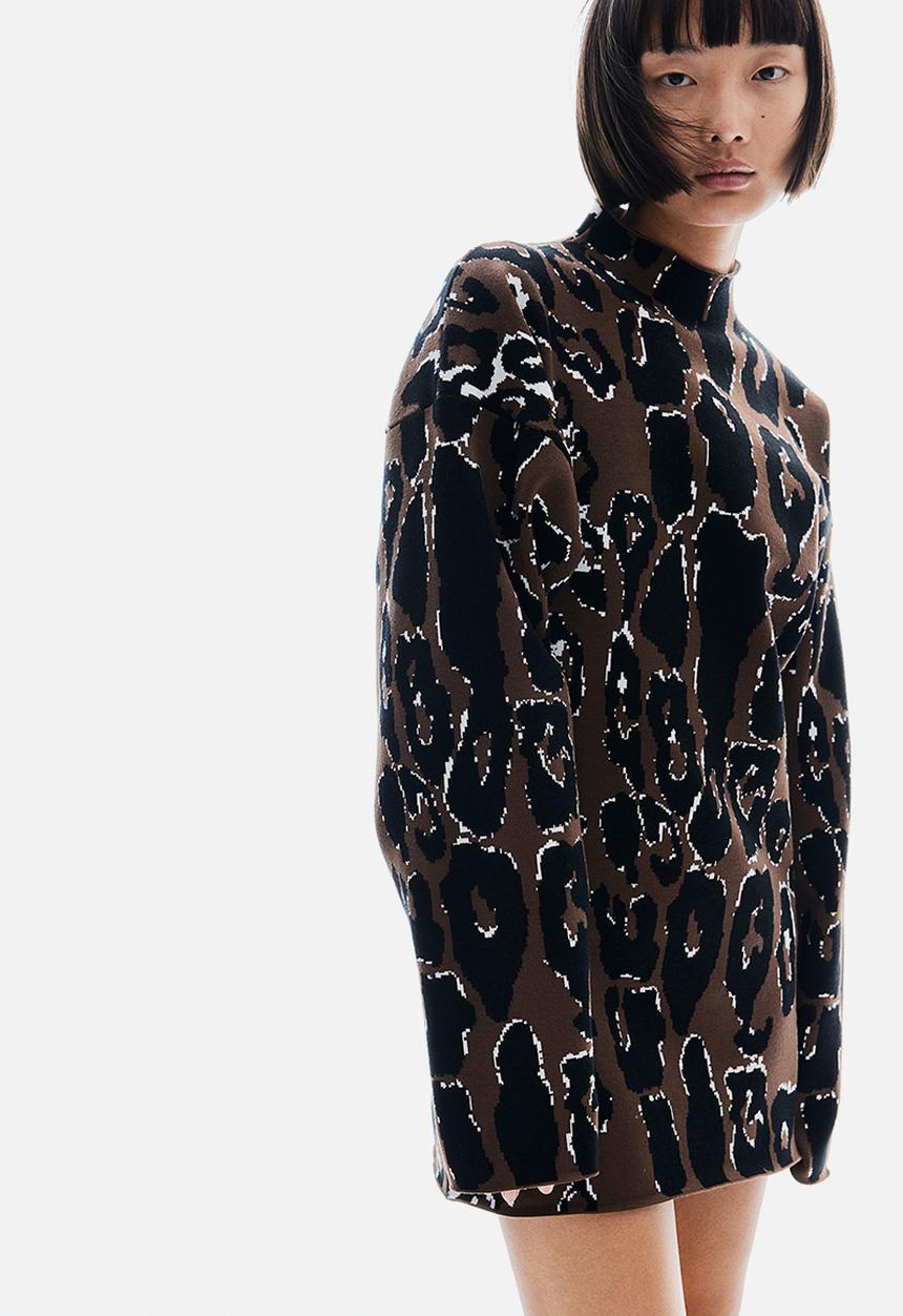 H&M - Jacquard-knit turtleneck jumper - brown/leopard print