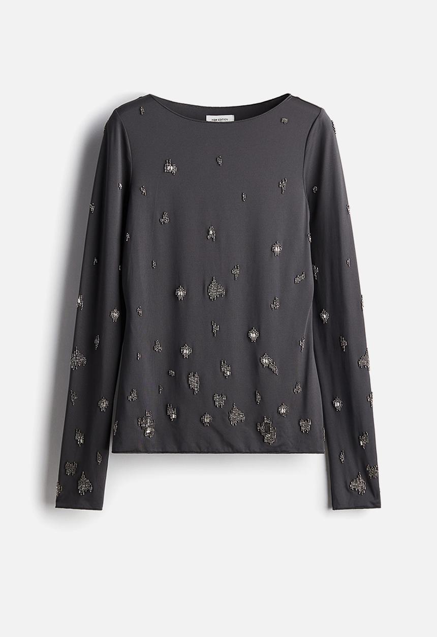 H&M - Bead-embellished top - dark grey