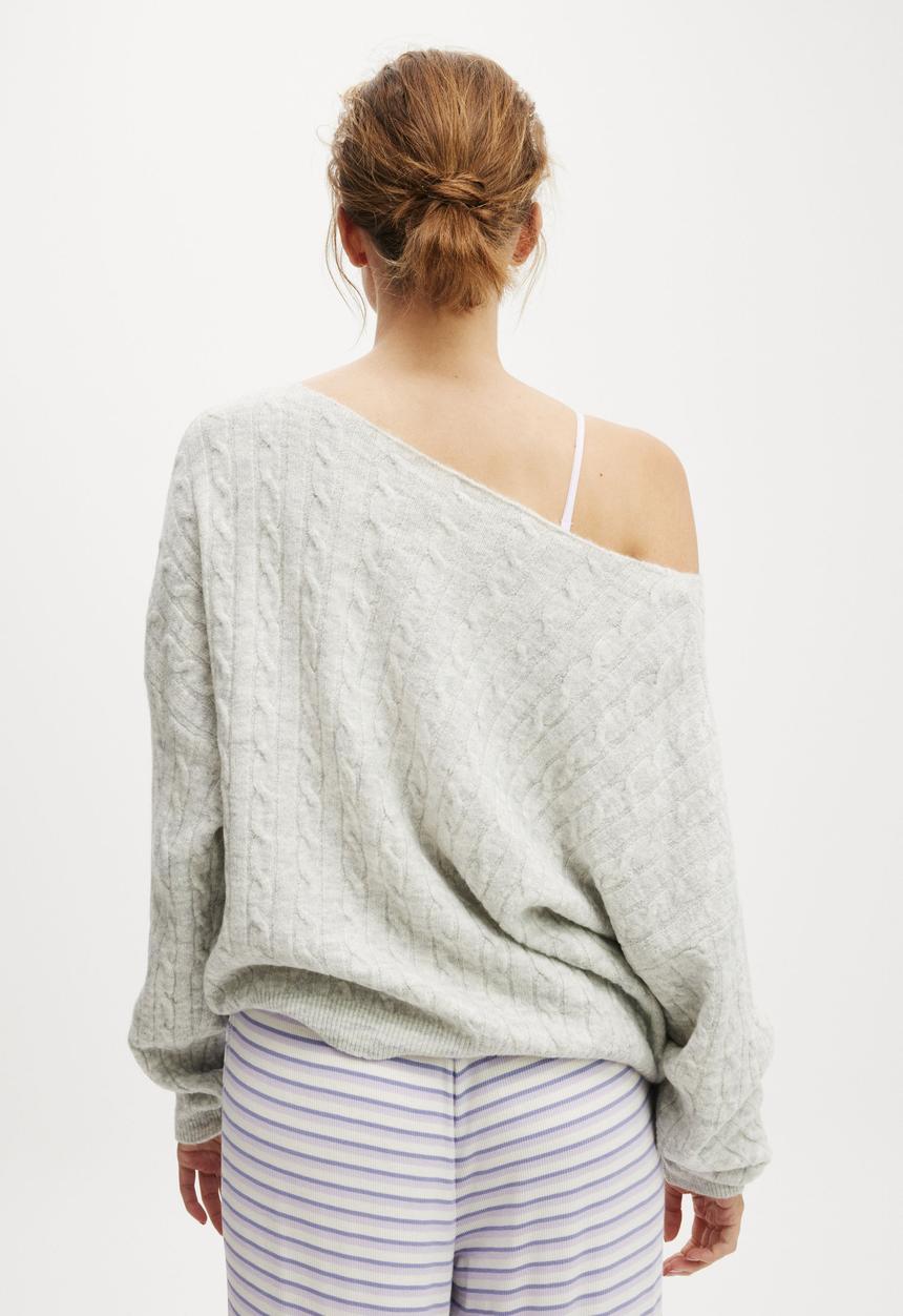Cotton On - Cable Off The Shoulder Knit Jumper - Light Grey Marle