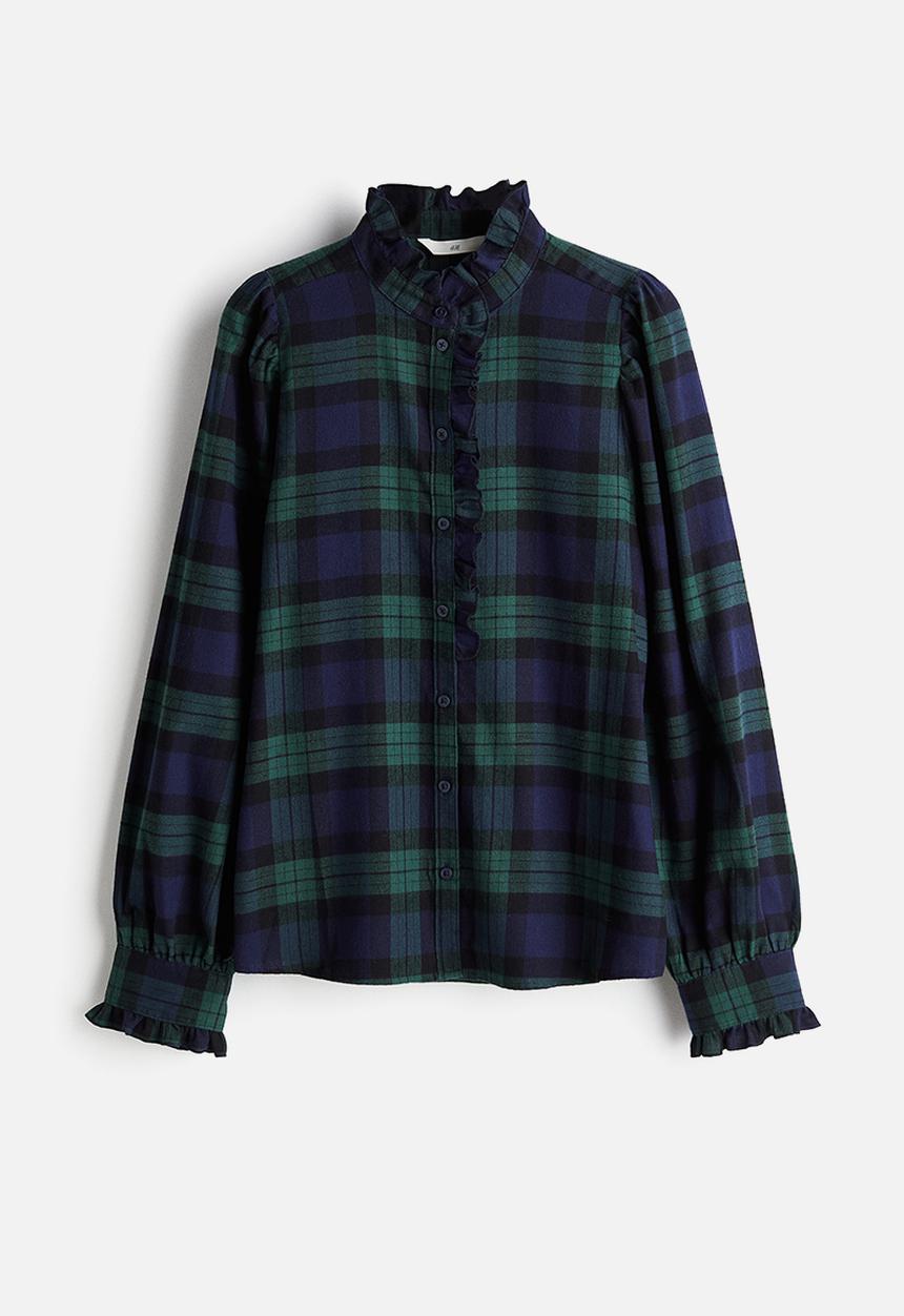 H&M - Frill-trimmed twill blouse - dark blue & green checked