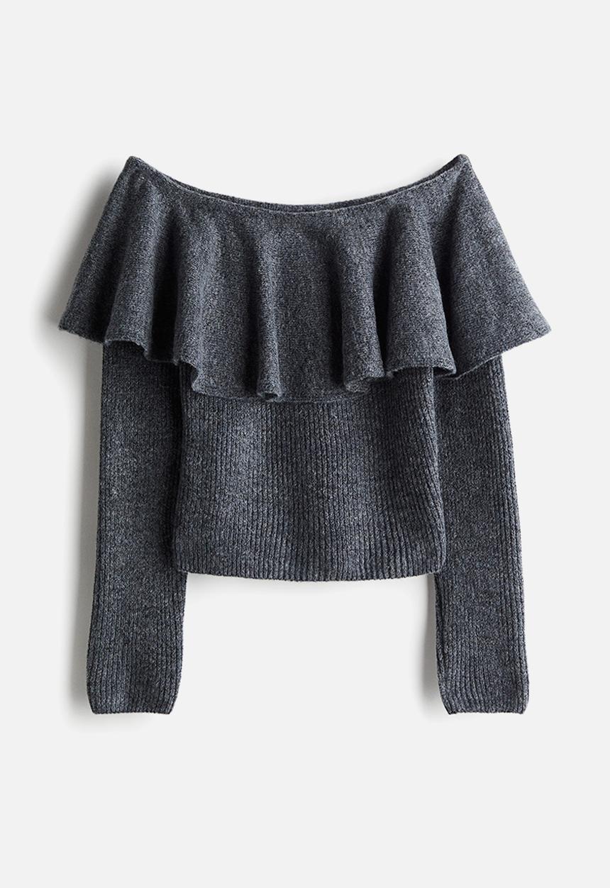 H&M - Flounced off-the-shoulder jumper - dark grey marl