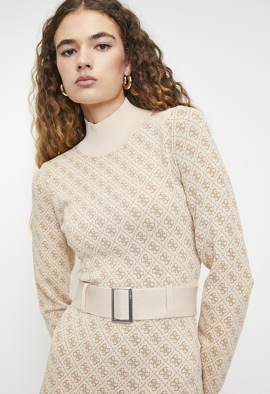 GUESS - Lise 4G Ls Belted Dress Swtr - Pearl Oyster Desert Mud Combo