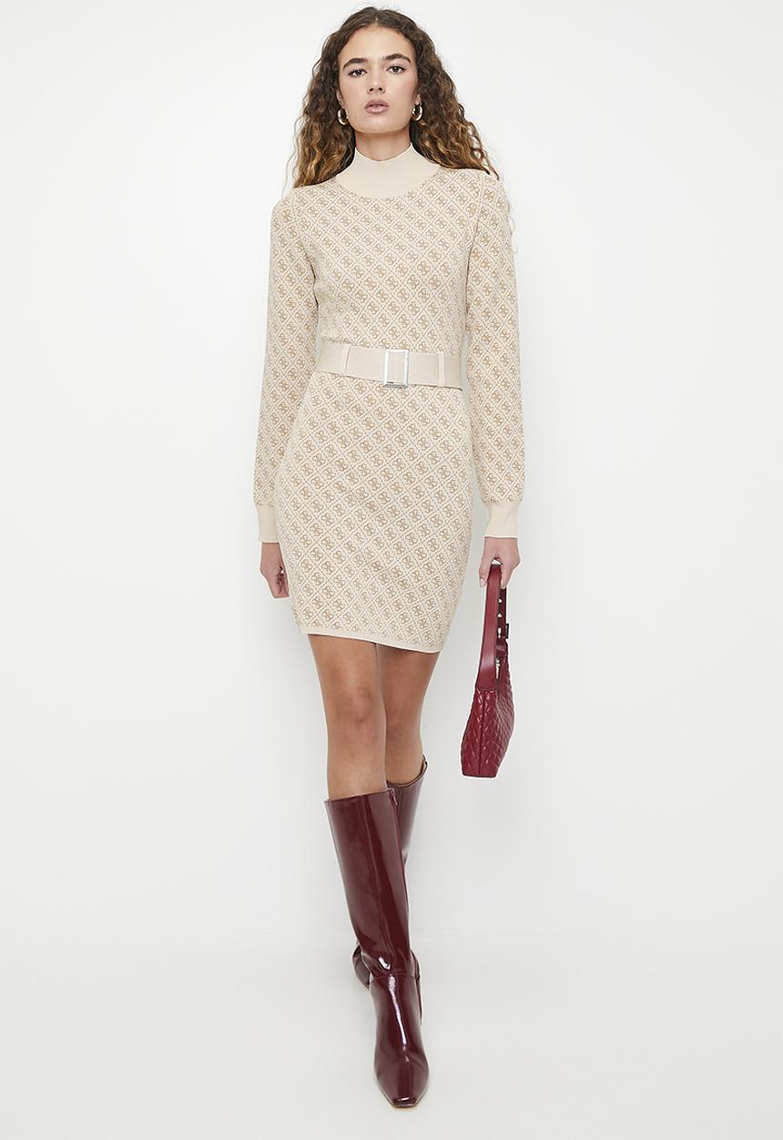GUESS - Lise 4G Ls Belted Dress Swtr - Pearl Oyster Desert Mud Combo