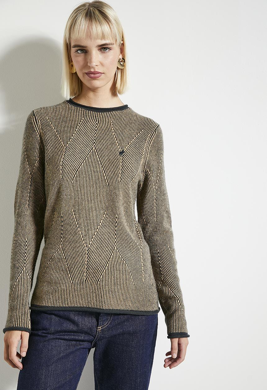 POLO - Wmn alex ls textured knit jersey - dark green & brown