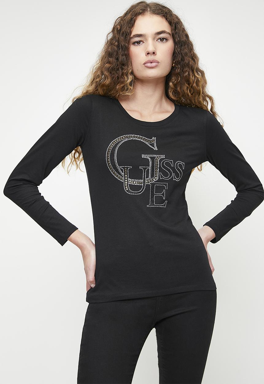 GUESS - Ls Rn Guess Studded Logo Tee - Jet Black A997
