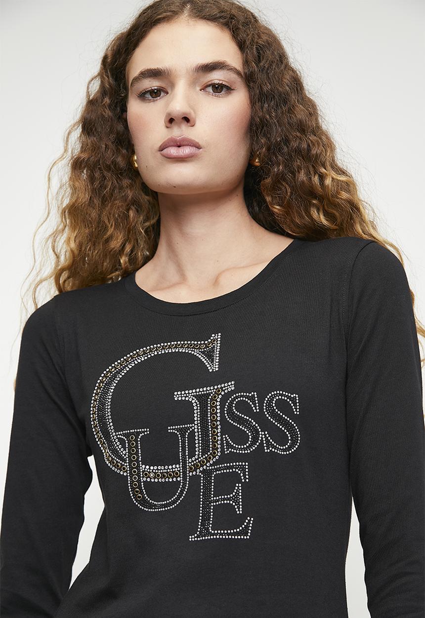 GUESS - Ls Rn Guess Studded Logo Tee - Jet Black A997