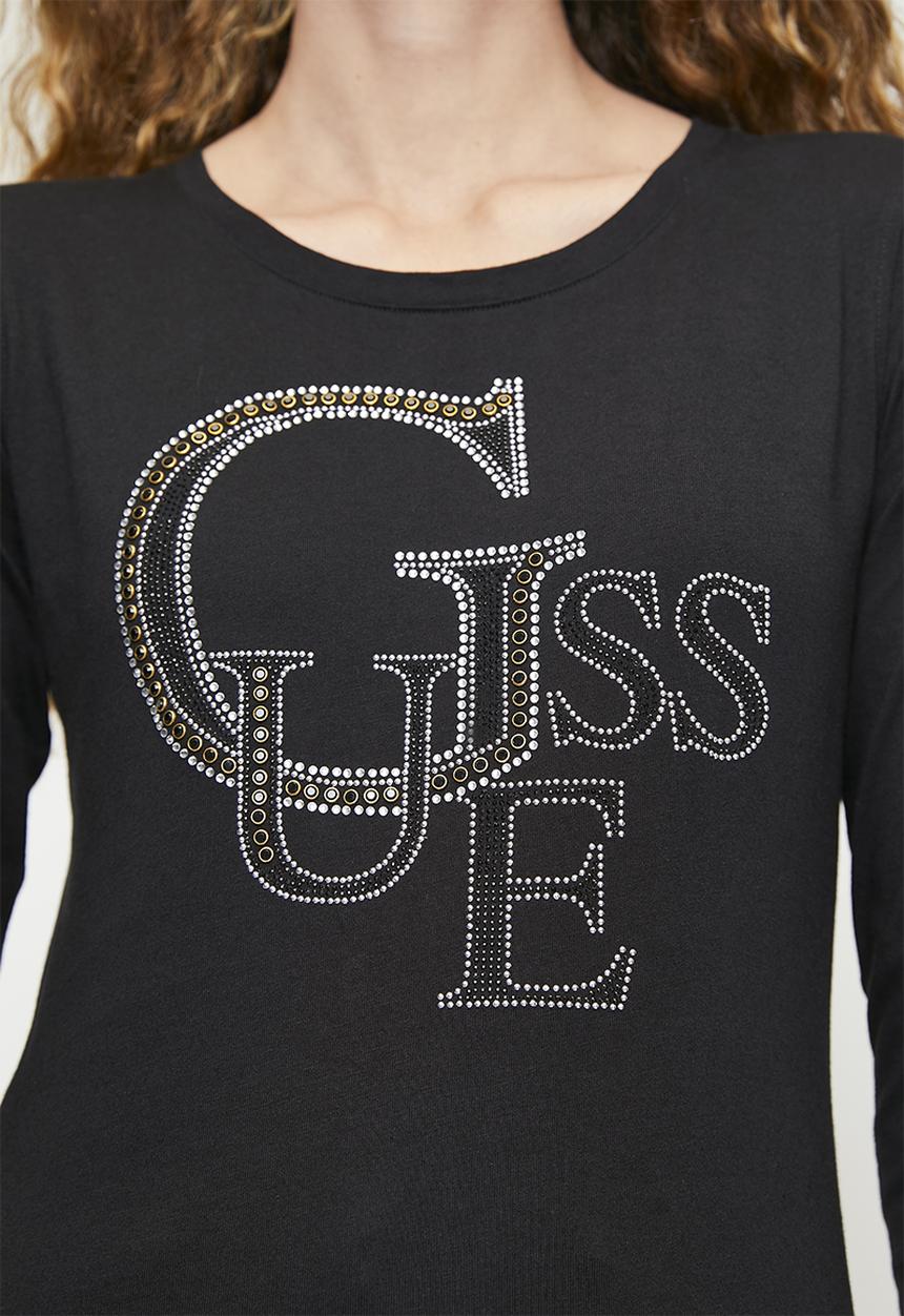 GUESS - Ls Rn Guess Studded Logo Tee - Jet Black A997