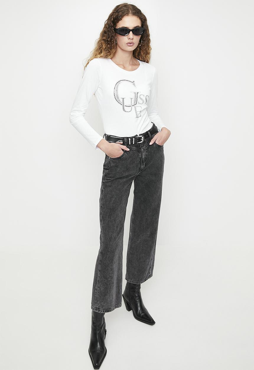 GUESS - Ls Rn Guess Studded Logo Tee - Pure White