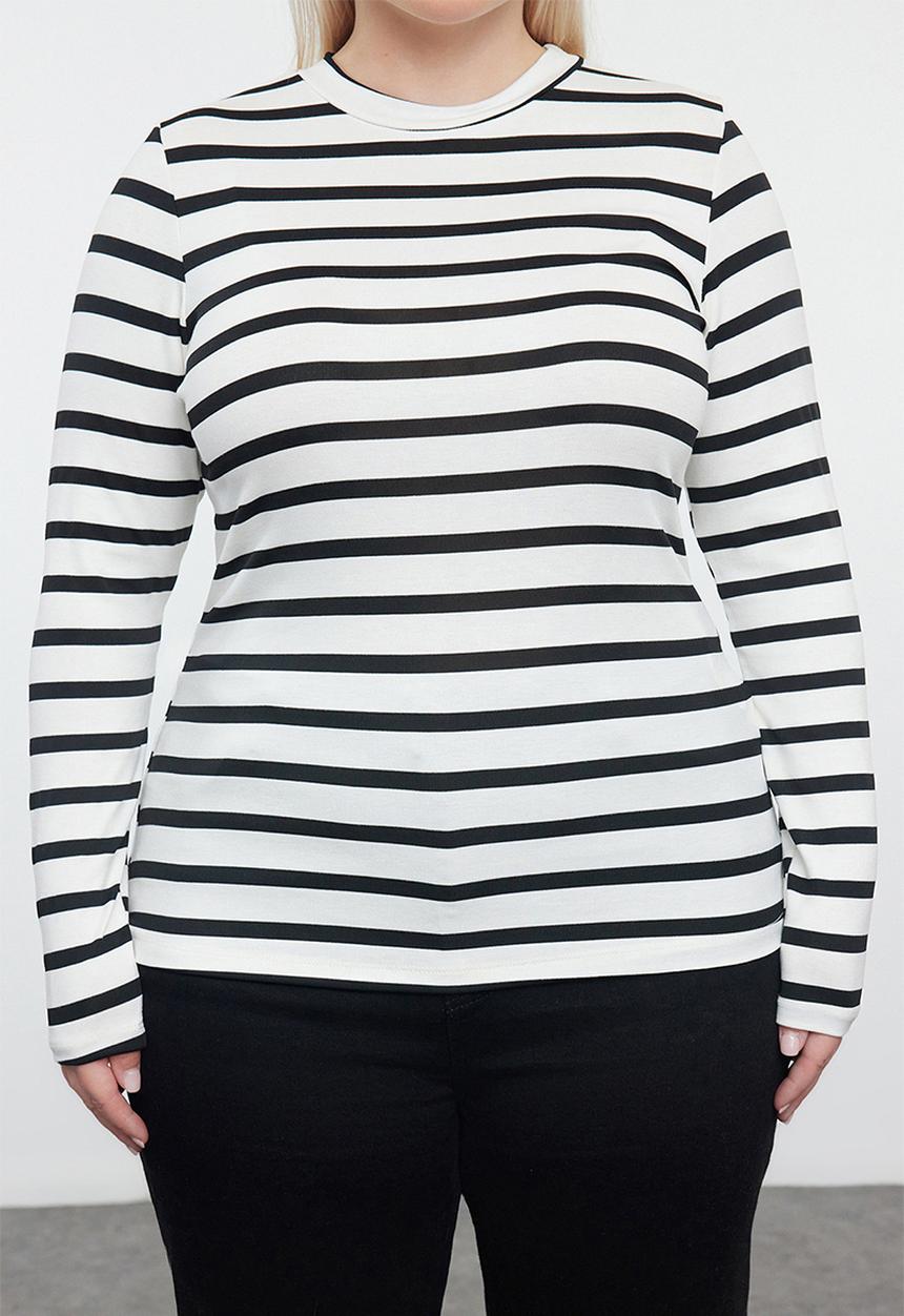 Trendyol - Striped Soft Stretchy Plus Size Blouse - Black-White 