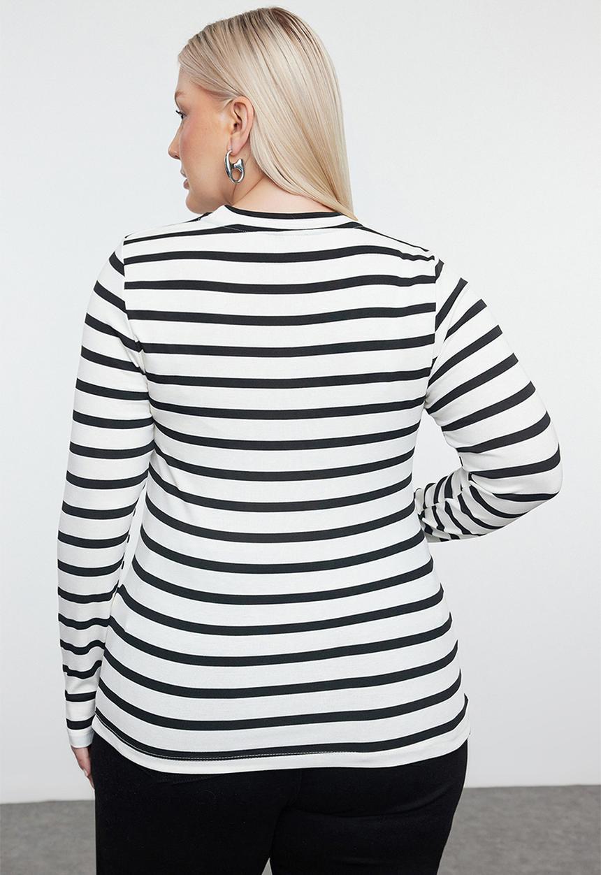 Trendyol - Striped Soft Stretchy Plus Size Blouse - Black-White 
