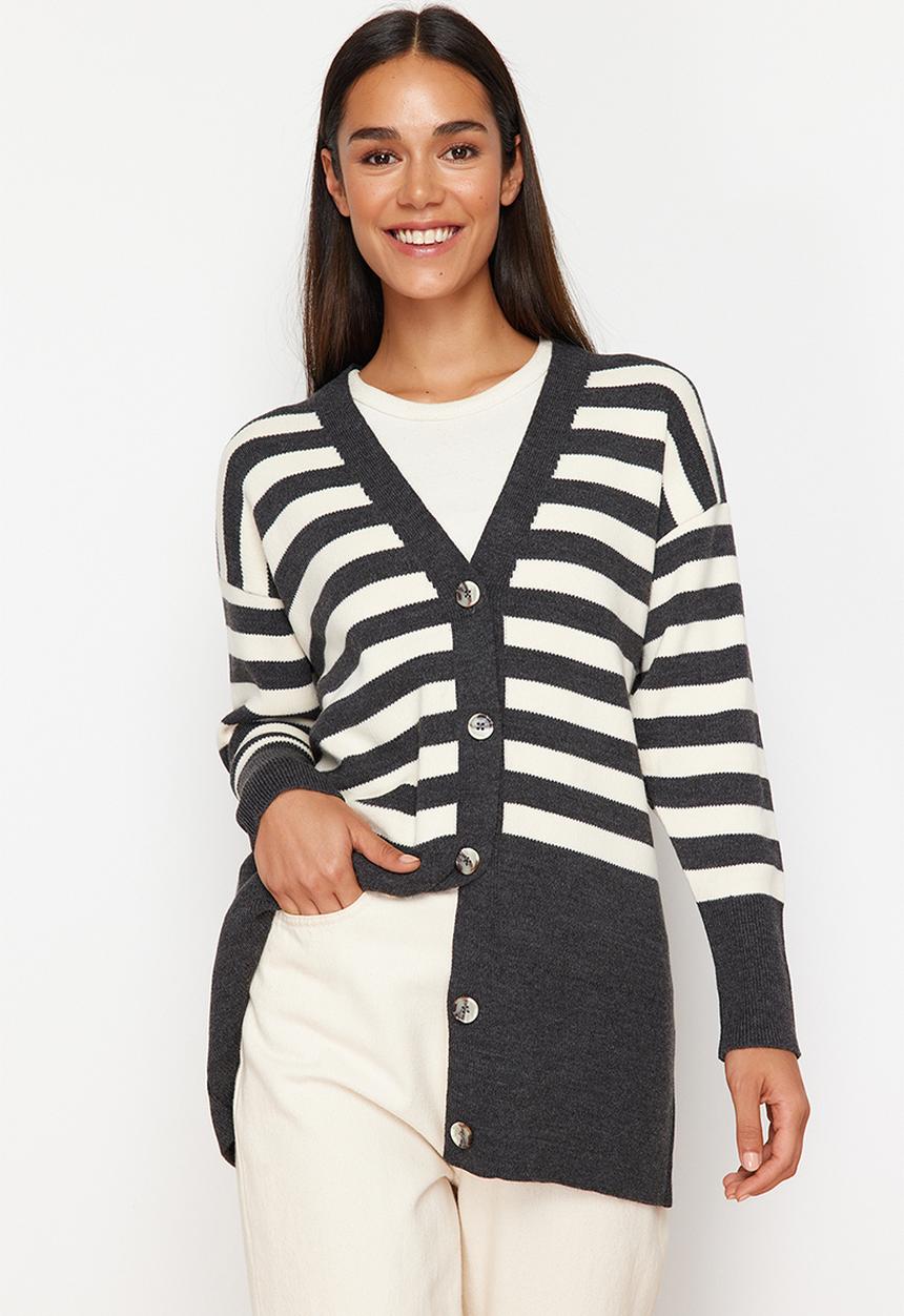 Trendyol - V-neck striped cardigan - anthracite 